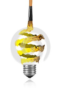 Yellow orange spiral paint trace and paintbrush made light bulb