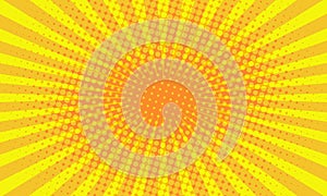 Yellow orange sunny pop art retro rays dots background.