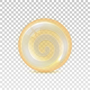 Yellow orb isolated on transparent background. Big shape glass circle with shadow. Realistic oil bubble orange color. Round sphere