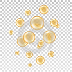 Yellow orb isolated on transparent background. Glass circle shape. Realistic oil bubbles orange color. Set round sphere collagen o
