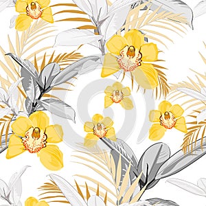 Yellow orchids, exotic ficus and tropical leaves. Seamless pattern.