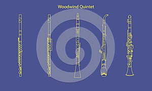 Yellow outline english horn, flute, piccolo and oboe. Woodwind quintet contour illustration.eps photo