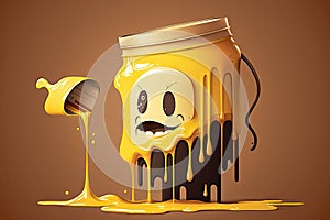 yellow paint can character with brush pouring liquid on brown background