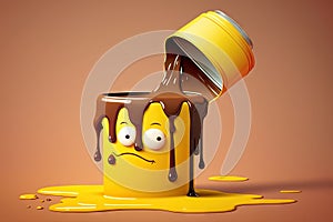 yellow paint can character with brush pouring liquid on brown background