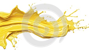 Yellow paint splashing isolated on white background. Generated AI