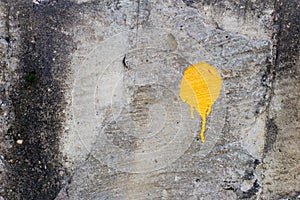 Yellow paint stain on old and dirty wall. The surface of the con