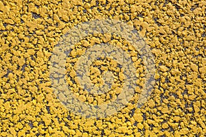 Yellow paint on surface of asphalt, road markings close-up.