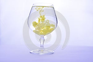 Yellow paint in water in a crystal glass on a white background