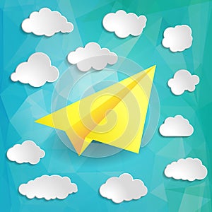 Yellow Paper airplane with clouds on the blue abstract triangular background