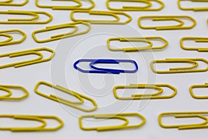 yellow paper clips that lie in one direction make way for a blue paper clip that goes in the opposite direction