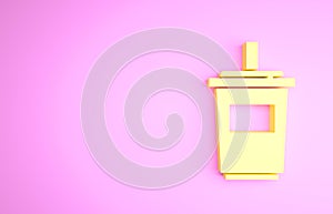 Yellow Paper glass with drinking straw and water icon isolated on pink background. Soda drink glass. Fresh cold beverage