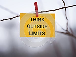 A yellow paper note with the phrase Think Outside Limits on it attached to a tree with a clothes pin