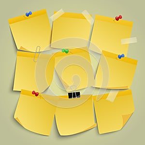 Yellow paper notes. Note memo stickers, remind sticky business paper, notice post it pin note isolated vector