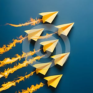 Yellow paper planes on blue background with flame trails, symbolize aspiration and progress