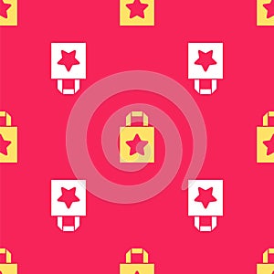 Yellow Paper shopping bag icon isolated seamless pattern on red background. Package sign. Vector