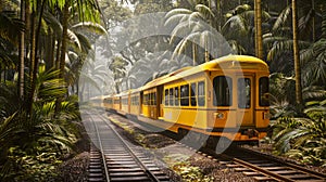 Yellow passenger train drives in greenery landscape