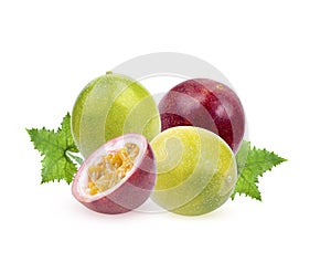 Yellow passion fruit, purple, maraquia passion fruit, isolated on white background photo