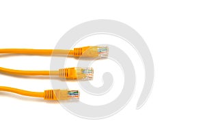 Yellow patch-cords with RJ45 for Lan network and Internet isolated. Unscreened twisted pair on white background