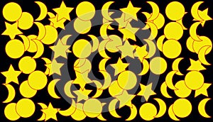 Yellow pattern of moons and stars on black background
