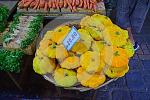 Yellow Pattypan squash sold at old market, Port Louis, Mauritius