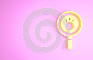 Yellow Paw search icon isolated on pink background. Magnifying glass with animal footprints. Minimalism concept. 3d