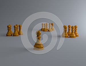 The yellow pawn is ostracized from the other 3 pawn groups, 3d illustration