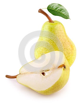 Yellow pear fruits with green leaf on white background