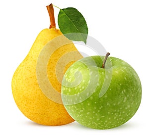 yellow pear and green apple isolate on a white background. whole fruit.
