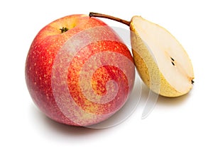 Yellow pear and ripe red apple