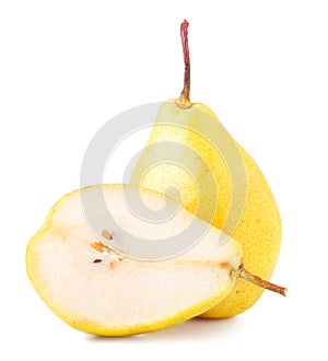 Yellow pears, cut and whole over white background