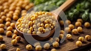 Yellow peas in a wooden spoon on a background of peas.