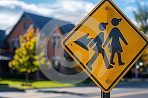 Yellow Pedestrian Crossing Sign on Side of Road, A dynamic and energetic school zone sign that conveys a sense of movement and