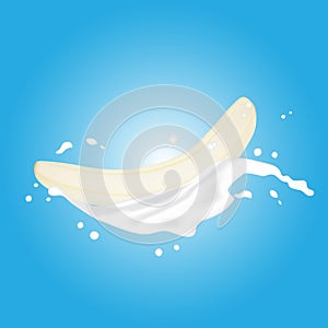 Yellow Peeled Banana without skin. Realistic 3d Banana milk splash. Detailed 3d Illustration Isolated On White. Design Element