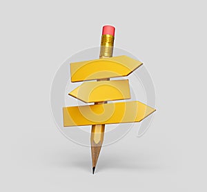 Yellow Pencil - direction indicator - order and chaos. choosing right solution to problem back to school Concept 3d illustration