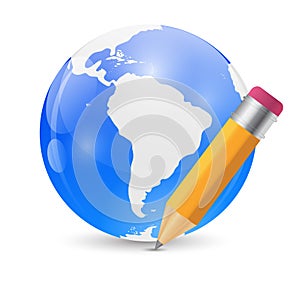 Yellow Pencil and Globe Publish Icon Vector