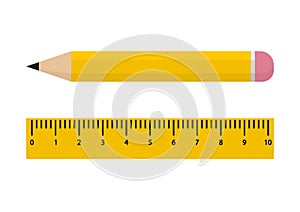 Yellow pencil and ruler isolated on white background. Vector
