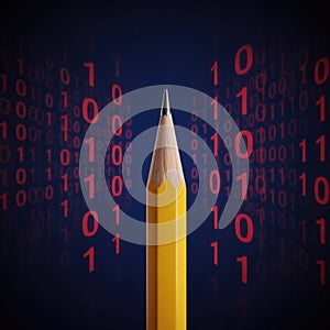 Yellow pencil sharp point against red binary code background