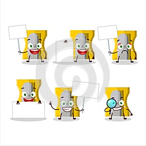 Yellow pencil sharpener cartoon character bring information board