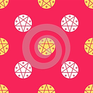Yellow Pentagram in a circle icon isolated seamless pattern on red background. Magic occult star symbol. Vector
