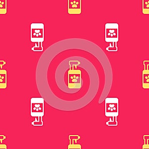 Yellow Pet shampoo icon isolated seamless pattern on red background. Pets care sign. Dog cleaning symbol. Vector