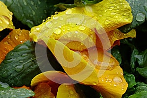 Yellow petals of a pansy wet with raindrops