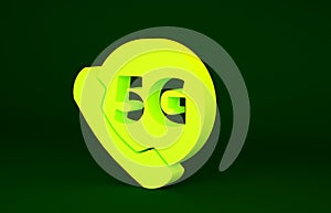 Yellow Phone with 5G new wireless internet wifi icon isolated on green background. Global network high speed connection