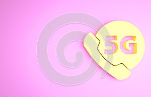 Yellow Phone with 5G new wireless internet wifi icon isolated on pink background. Global network high speed connection