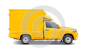 Yellow pick-up truck with container box roof rack for tranportation