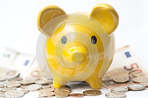 yellow piggy bank on euro coins and bank notes on wh