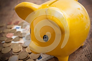 Yellow piggy bank on euro coins and bank notes on wo