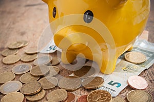 Yellow piggy bank on euro coins and bank notes on wo