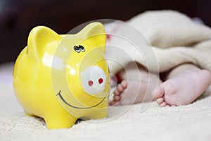Yellow piggy banks to save money to raise baby