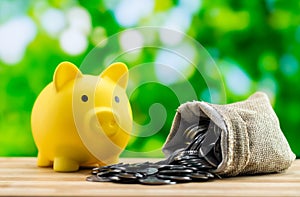 Yellow piggy money bank and a sack full of coins - finance and investment concept
