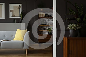 Yellow pillow on grey settee in retro living room interior with posters and plants. Real photo